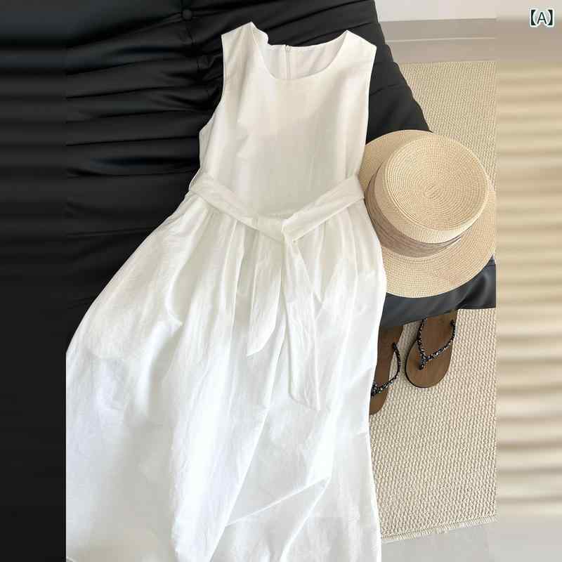 ワンピース レディース ノースリーブ Aラインワンピース ロングワンピース ポリエステル 高腰 白 無地 エレガント きれいめ 上品 大人かわいい 韓国ファッション 春夏 海 ビーチ リゾート
