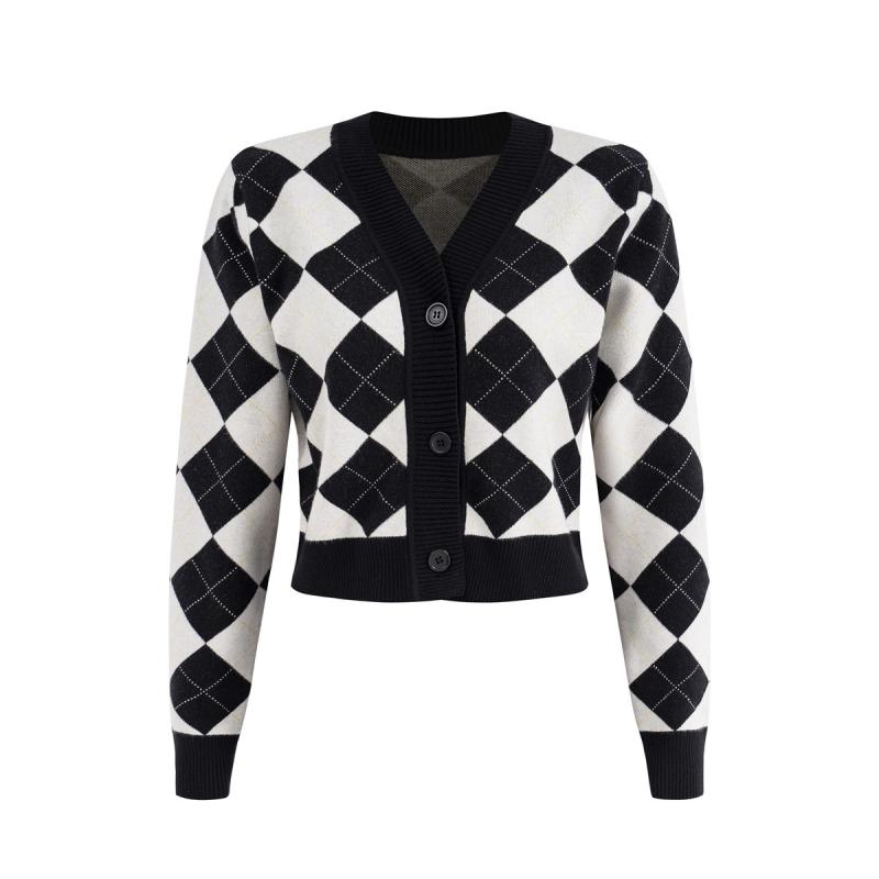 ニット レディース カーディガン 秋冬 Vネック 長袖 ショート丈 コットン 幾何学模様 ブラック レッド