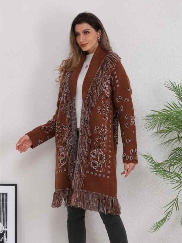 ニット カーディガン レディース レトロ エスニック ボヘミアン調 ジャカード 提花柄 フリンジ ゆったり 厚手 ミドル丈 丈長め 長袖 青果襟 民族衣装風 コーヒー色 赤 孔雀青 紺色 欧美風 气质优雅