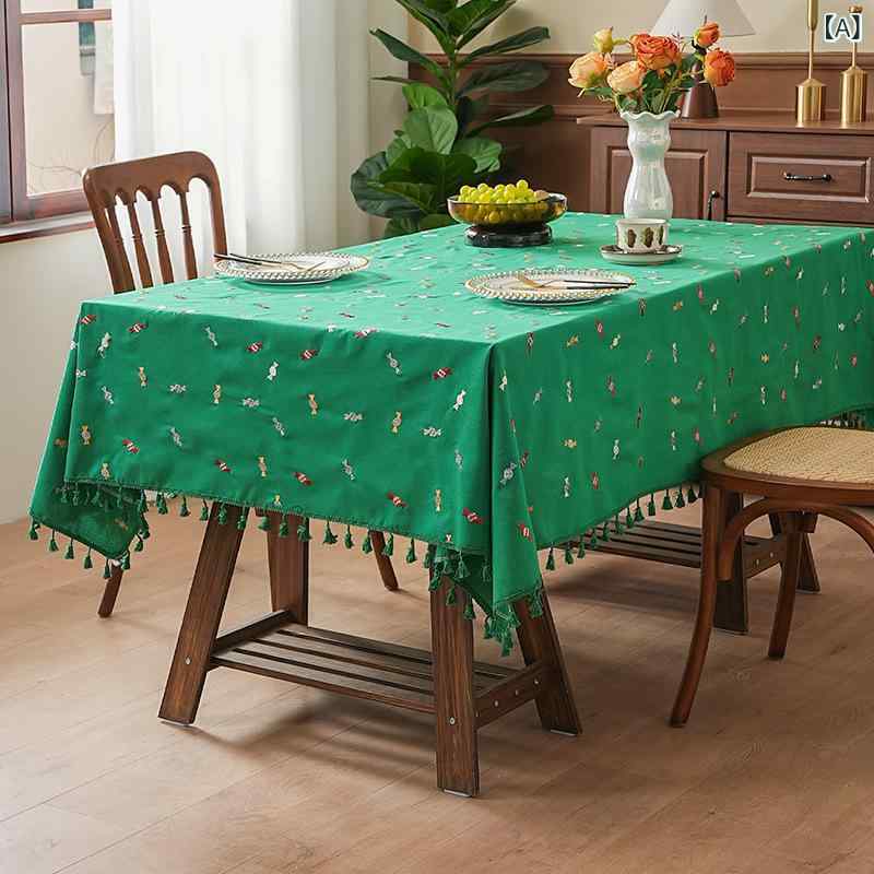 テーブルクロス 撥水 長方形 刺繡 亚麻 リネン風 コットン風 高級感 ティーテーブル コーヒーテーブル デコレーション キャンディ（緑） キャンディ（白） キャンディ（黒） クリスマス鹿（黒） クリスマス鹿（緑） 宮廷風 花柄 绿叶八角花 防水 棕色菱 2
