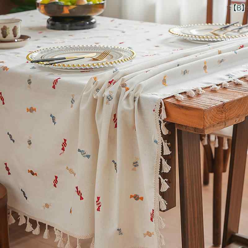 テーブルクロス 撥水 長方形 刺繡 亚麻 リネン風 コットン風 高級感 ティーテーブル コーヒーテーブル デコレーション キャンディ（緑） キャンディ（白） キャンディ（黒） クリスマス鹿（黒） クリスマス鹿（緑） 宮廷風 花柄 绿叶八角花 防水 棕色菱 3