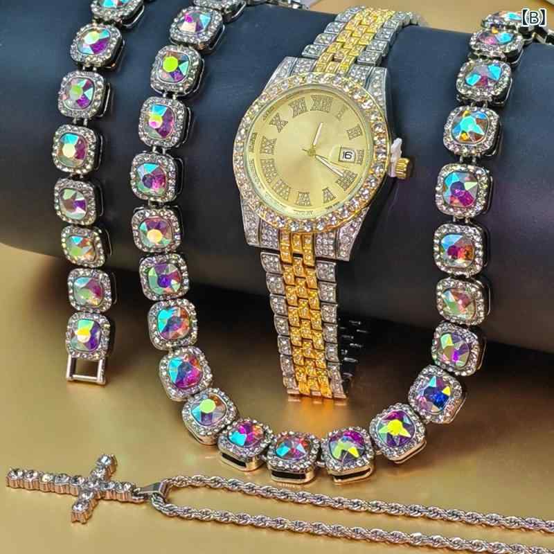 腕時計 メンズ ブレスレット ネックレス クロス 十字架 ジルコニア セット ビジネス フォーマル アナログ デジタル 合金