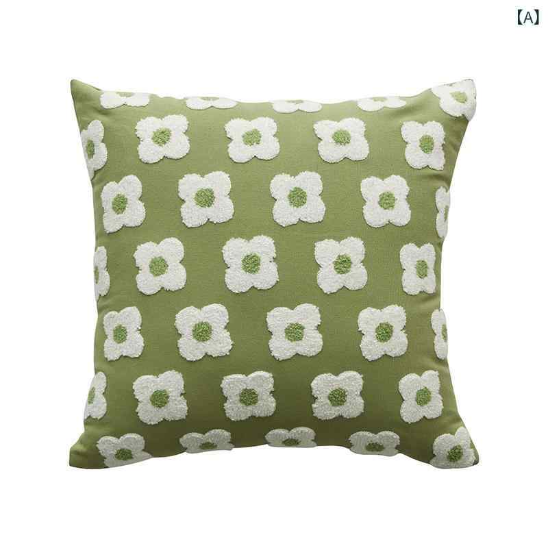 クッション レディース 枕カバー 綿 刺繍 花柄 ソファ ベッド かわいい グリーン 小花 梅 蓮 幾何学模..