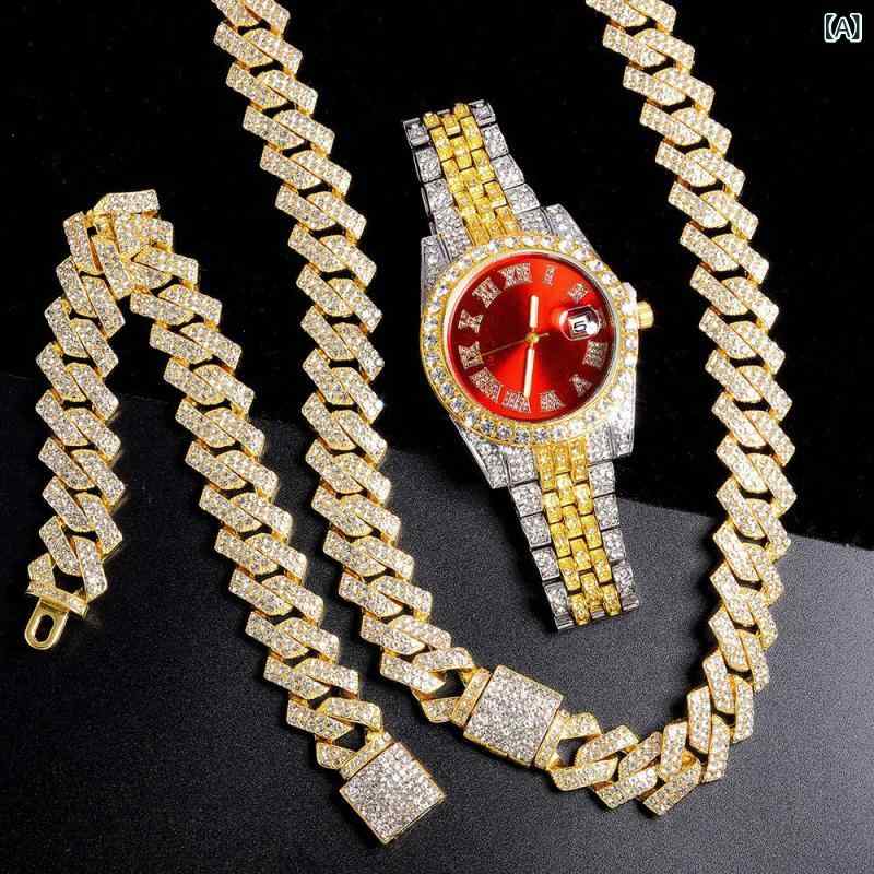 腕時計 メンズ アクセサリー セット ヒップホップ ウォッチ ジュエリー 大文字盤 ストリートファッション ラッキーアイテム ギフト