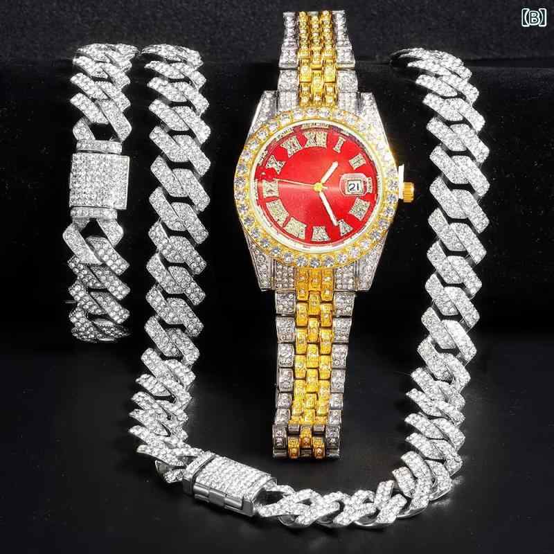 腕時計 メンズ アクセサリー セット ヒップホップ ウォッチ ジュエリー 大文字盤 ストリートファッション ラッキーアイテム ギフト