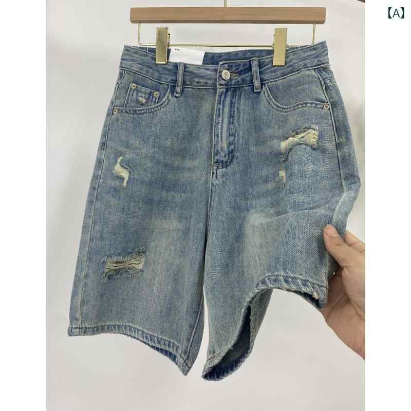 ショートパンツ レディース 夏用 薄手 破れ加工 ストレート デニム 膝上丈 高腰 ゆったり 大きいサイズ 綿混 ポケット付き ブルー 通勤 カジュアル 都市スタイル