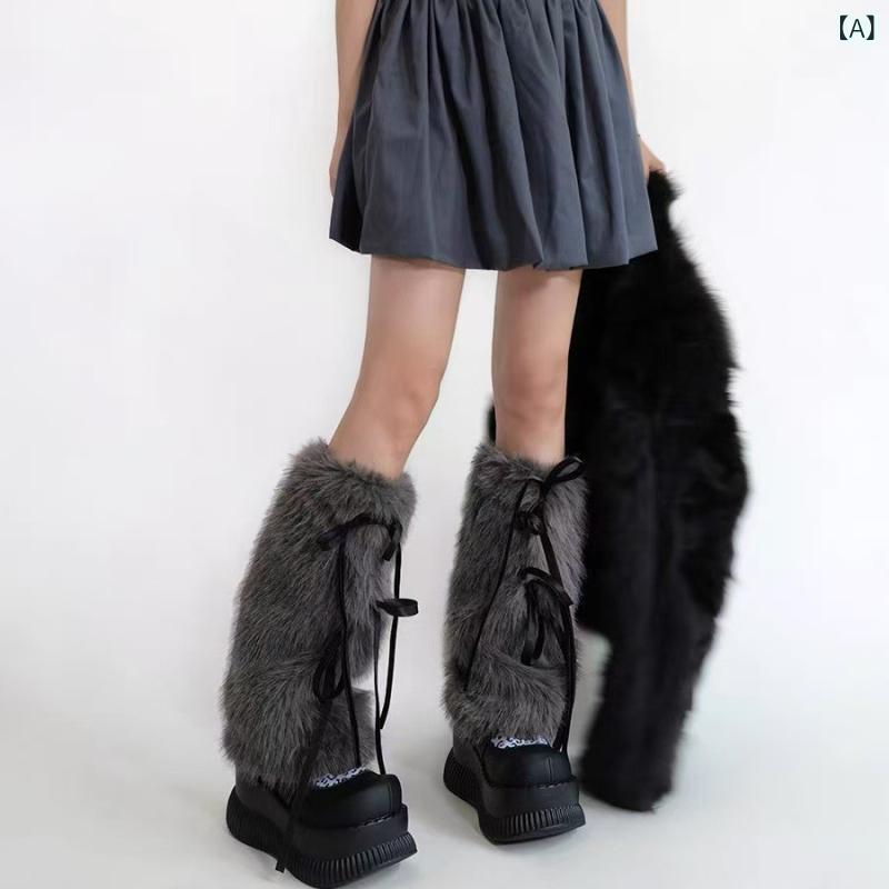 靴下 レッグウォーマー レディース かわいい 蝶結び リボン 暖かい 膝丈 ポリエステル カジュアル グレー 秋冬