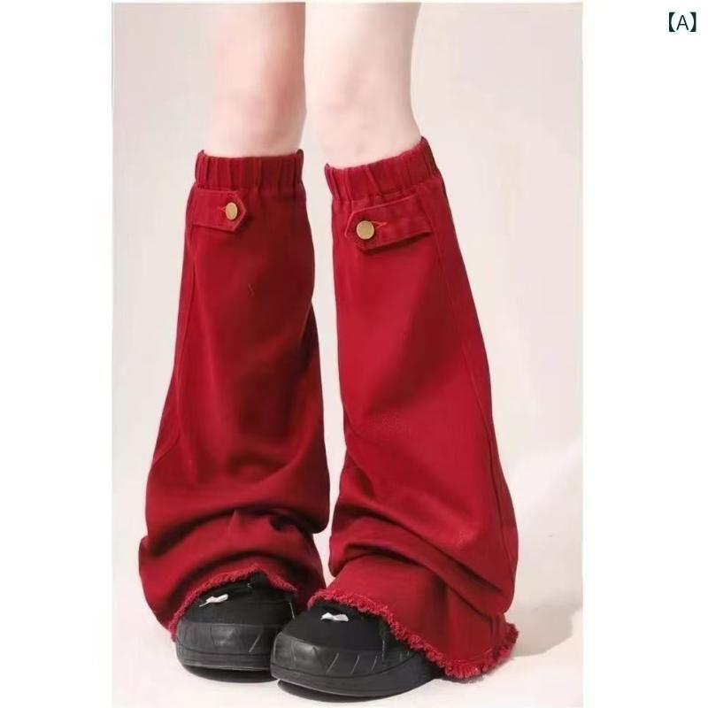 靴下 レディース レッグウォーマー デニム コットン 70% 個性的 カジュアル 赤色 春夏秋冬