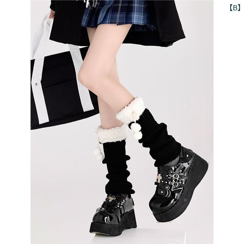 靴下 レディース ロリータ風 レッグウォーマー 秋冬 羊毛 ボア あったか ニット レトロ 配色 高筒