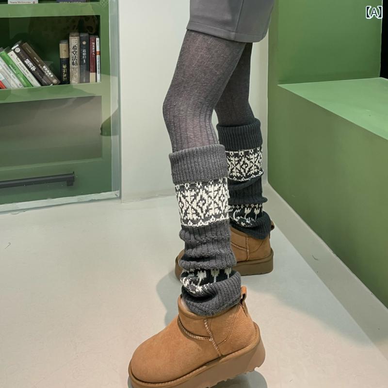 レッグウォーマー レディース 秋冬 羊毛混紡 ニット 雪柄 あったか ミドル丈 グレー かわいい 冷え取り 防寒