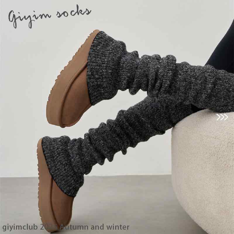 靴下 レディース ソックス ニーハイ 秋冬 ポリエステル 高筒 混色 レッグウォーマー ニット 焦糖拿铁色 ブラック グレー 防寒 冷え対策