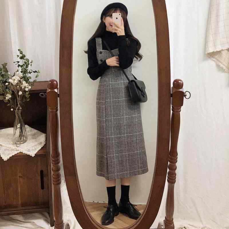 ワンピース レディース 格子柄 毛織 ベストワンピース ゆったり かわいい ミディアム丈 膝下丈 痩せ見え 着痩せ 体型カバー 春秋冬 エレガント お洒落 おしゃれ 通勤(4)