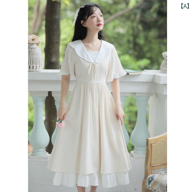 ワンピース レディース 春夏 Aライン 膝下丈 半袖 パフスリーブ チュール レース 襟付き かわいい ガーリー フェミニン ゆったり 体型カバー 着痩せ オフホワイト ベージュ お呼ばれ デート