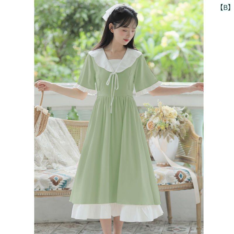 ワンピース レディース 春夏 Aライン 膝下丈 半袖 パフスリーブ チュール レース 襟付き かわいい ガーリー フェミニン ゆったり 体型カバー 着痩せ オフホワイト ベージュ お呼ばれ デート