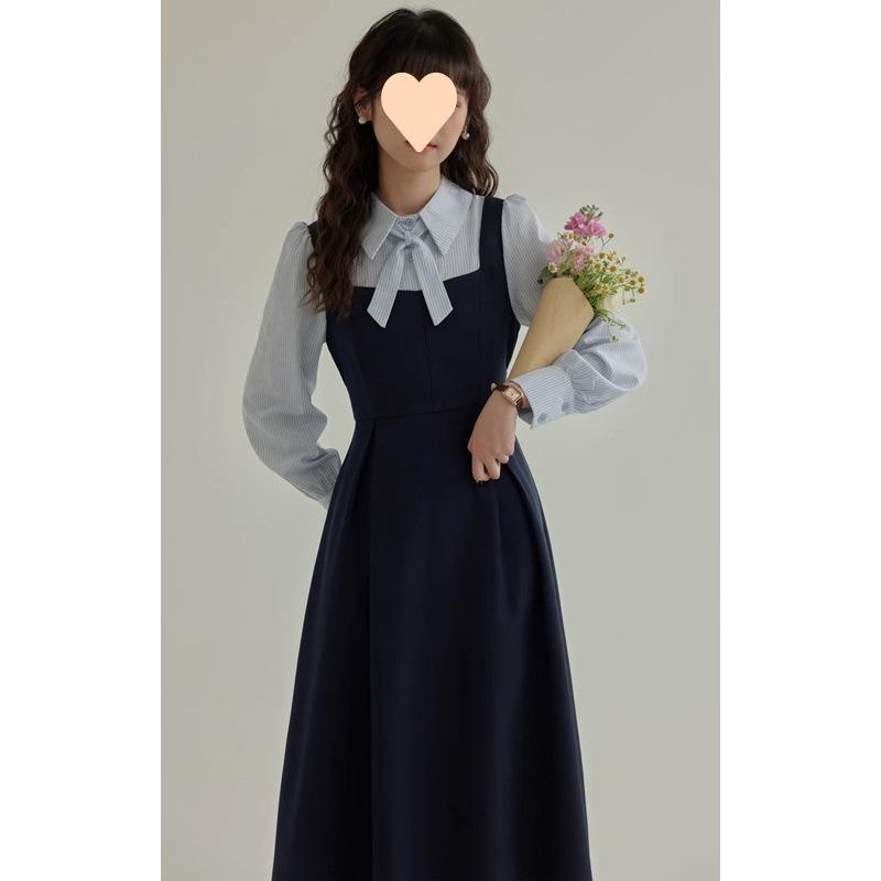 ・素材: ポリエステル・柄: その他・工艺: 拼接,纽扣,蝴蝶结・款式: その他・组合形式: 假两件・スカート丈: ミモレ丈・スカート型: Aライン・ネックライン: ポロネック・袖丈: 長袖・袖型: 通常・流行要素: 拼接,纽扣,蝴蝶结・メイン素材: ポリエステル・メイン素材含有量: 95%以上・スタイル: ストリート系・スカート種類: ワンピース・カラー: ブルー（長袖）, ブルー（半袖）・サイズ: S, M, L, XL