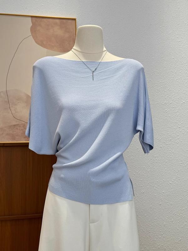Long-Sleeved Knit - Tシャツ レディース ニット トップス 一字肩 半袖 カットソー 夏 薄手 スリム 韓国風 おしゃれ きれいめ 上品 無地 カキ色 ブルー グレー アプリコット ブラック 再生繊維 接触冷感