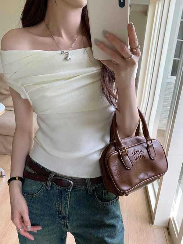 ニット レディース ノースリーブ 一字肩 トップス ピンク系 白 黒 接触冷感 伸縮性 薄手 韓国風 きれいめ 通勤