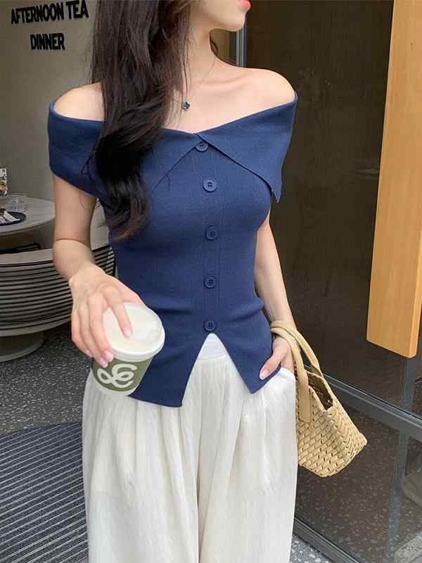 ニット・セーター レディース 春夏 ブルー 接触冷感 一文字肩 半袖 トップス 小柄 修身 肩出し スリット入り カットソー 接触冷感素材 かわいい 大人 女性 プルオーバー サマーニット