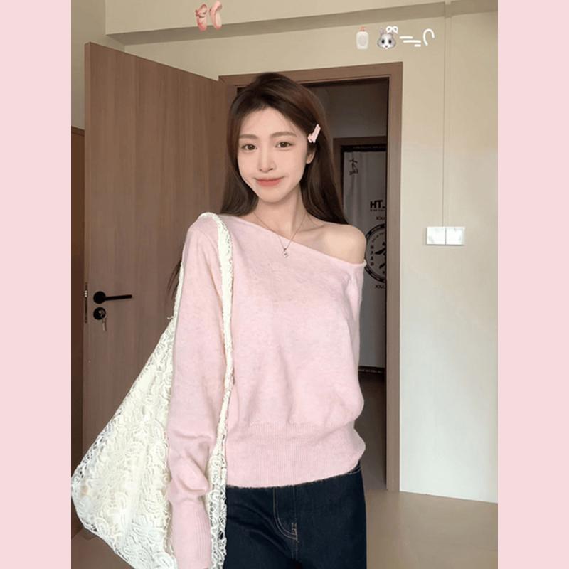 Long-Sleeved Knit - ニット レディース ピンク系 肩出し 長袖 トップス プルオーバー 接触冷感 きれいめ かわいい 普段使い デート