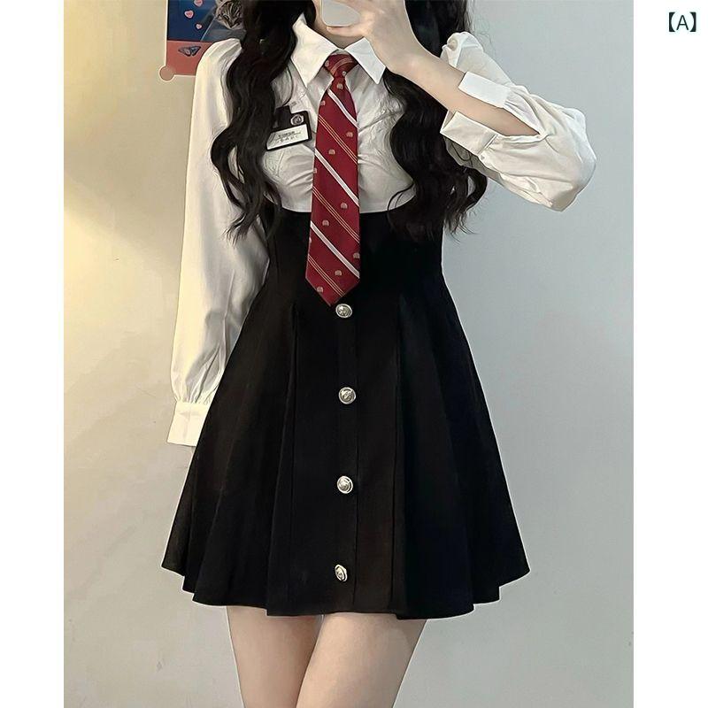 乐天商城 - ワンピース レディース JK制服風 ミニ丈 長袖 春秋 ポリエステル ブラック 黒 配色 学院風 ストリート ウエストシェイプ ギャザー 伸縮性