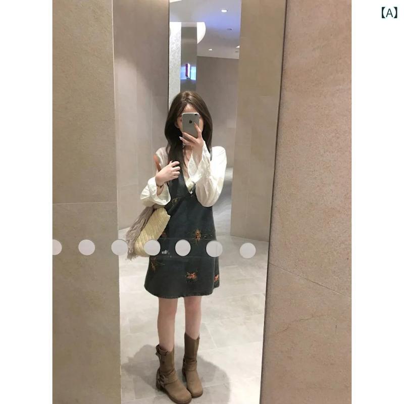 ワンピース レディース デニム 背心裙 切り替え Vネック 花柄 刺繡 短裙 学院風 かわいい 普段使い 通勤