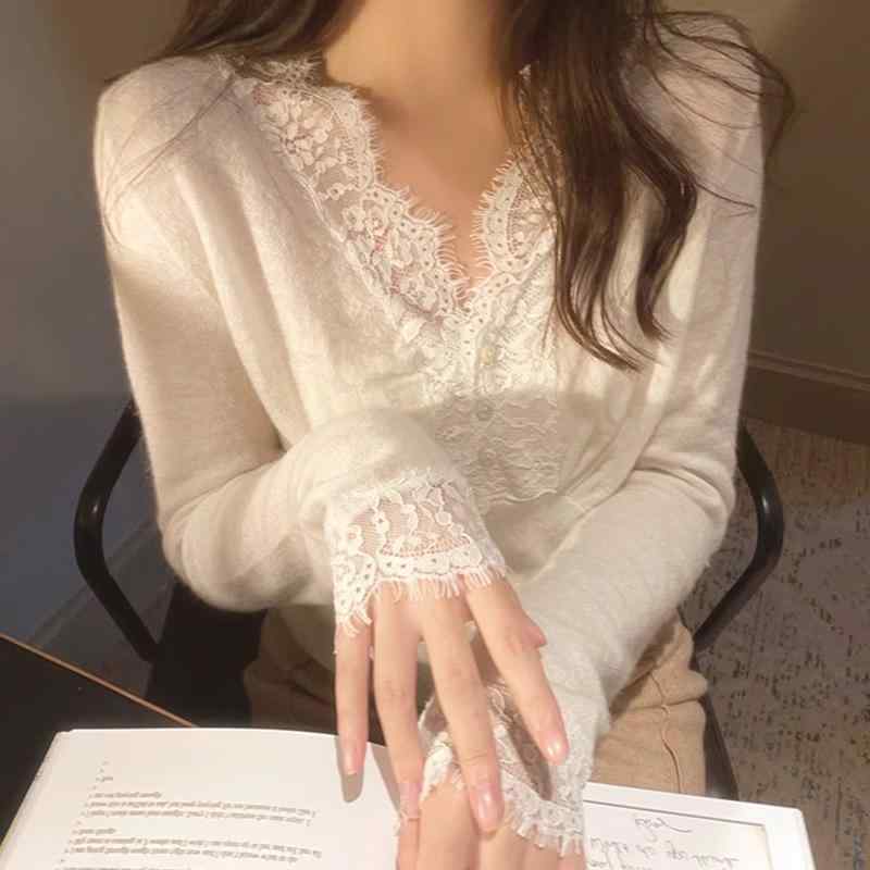 ニット レディース Vネック レース 花柄 インナー トップス 長袖 スリムフィット プルオーバー 白色 黒..