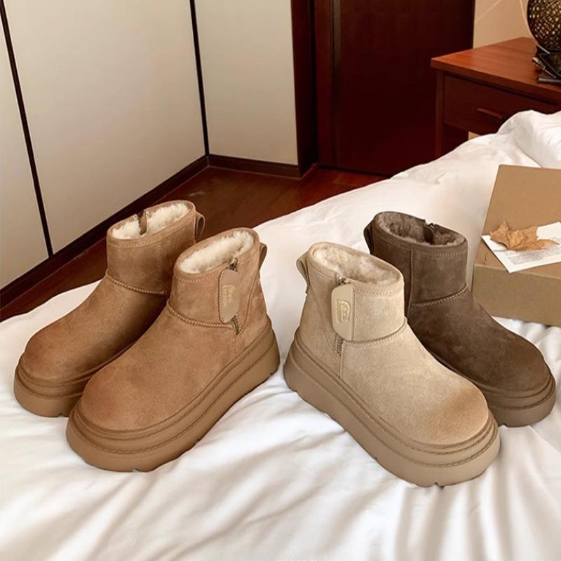 ブーツ レディース スノーブーツ ショートブーツ ボア あったか 防滑 耐摩耗 ラウンドトゥ フラットヒール スリッポン 羊毛 レザー 冬 栗色 米グレー