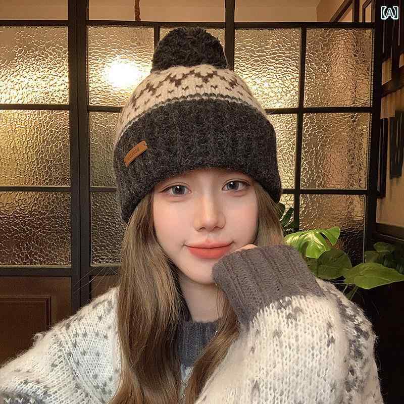 ニット帽 レディース 秋冬 防寒 保温 かわいい ポンポン ケーブル編み 大頭 暖かい 深灰色 酒紅色 カー..