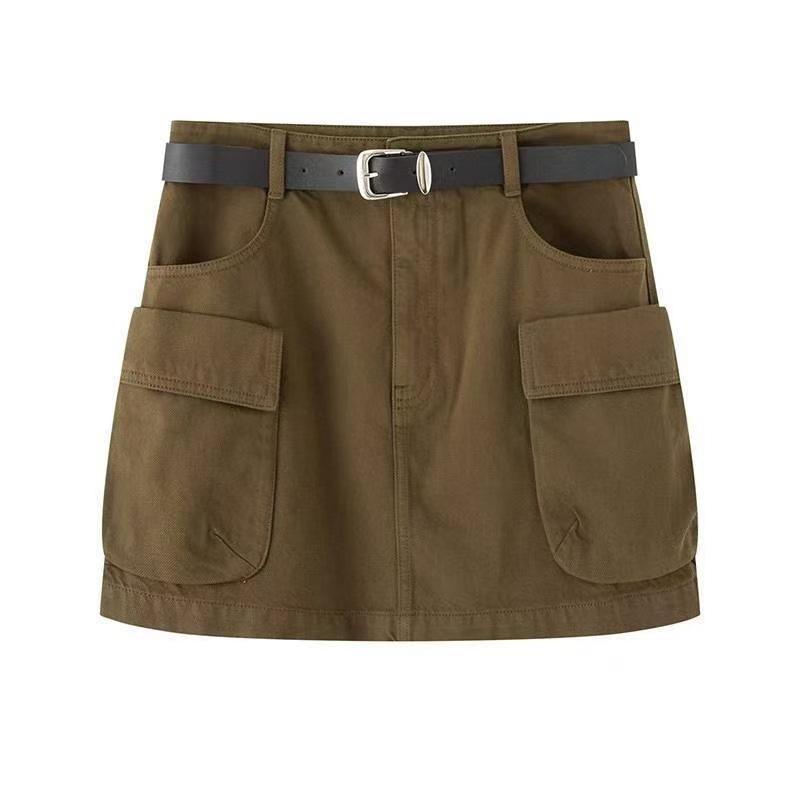 デニムスカート レディース Aライン ショート 無地 カジュアル ストリート ワークウェア風 モスグリーン 綿