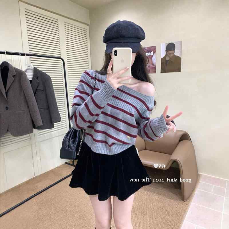 ニット レディース 秋冬 一文字襟 ストライプ トップス 韓国風 接触冷感 カットソー 伸縮性 リブニット 長袖 プルオーバー
