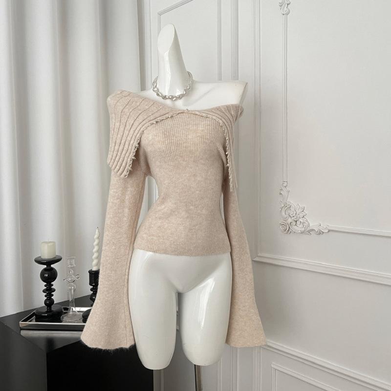 ニット レディース 春秋 一字肩 襟付き トップス 韓国風 肩出し スリム 長袖 ニットソー おしゃれ 普段使い 通勤 デート