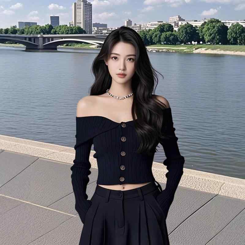 ニット レディース トップス 肩出し 黒色 長袖 プルオーバー 春秋 スリムフィット 細見え ポリエステル フェミニン セクシー ナイトウェア