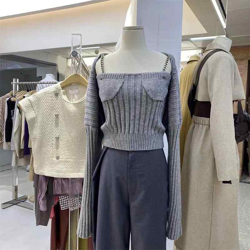 ニット レディース アンサンブル カーディガン 長袖 トップス キャミソール 無地 スリム 重ね着 カジュアル 韓国ファッション グレー ブラック