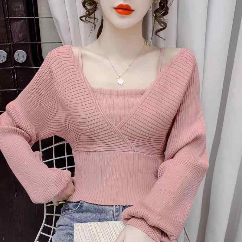 ニット レディース デザインニット Vネック インナーキャミソール付き 女性用 ピンク系 ブラック ホワ..