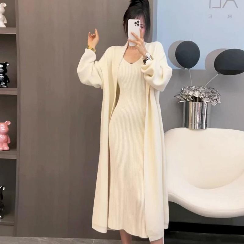 ニット ロングカーディガン レディース 秋冬 ニットワンピース 2点セット Vネック 長袖 厚手 無地 羽織りもの アウター ニットウェア ..