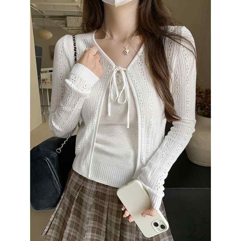 レディース カーディガン 韓国 透かし編み ニット 秋 スリム キャミソール 一揃い コーディネート トップス 通気性 伸縮性 普段使い