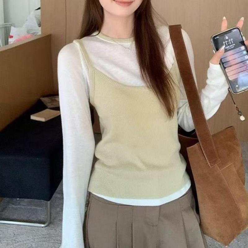 ニット レディース 春 長袖 アンサンブル トップス カットソー 重ね着 スリム 薄手 丸首 羊毛混紡 撞色 豚草グリーン ピンク系 スカイブルー