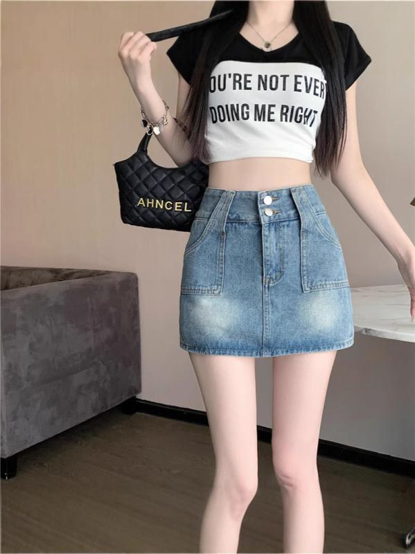 デニムスカート レディース Aライン ハイウエスト 短パン付き ミニスカート 接触冷感 ブルー 無地 かわいい 韓国風 ガーリー 通勤 普段使い