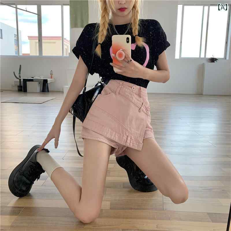 スカート レディース デニムスカート ミニスカート ハイウエスト 切り替えデザイン Aライン ショート丈 ピンク系 ブラック ブルー コットン ポリエステル 無地 着痩せ スタイル