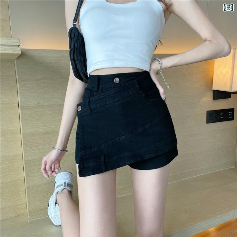 スカート レディース デニムスカート ミニスカート ハイウエスト 切り替えデザイン Aライン ショート丈 ピンク系 ブラック ブルー コットン ポリエステル 無地 着痩せ スタイル