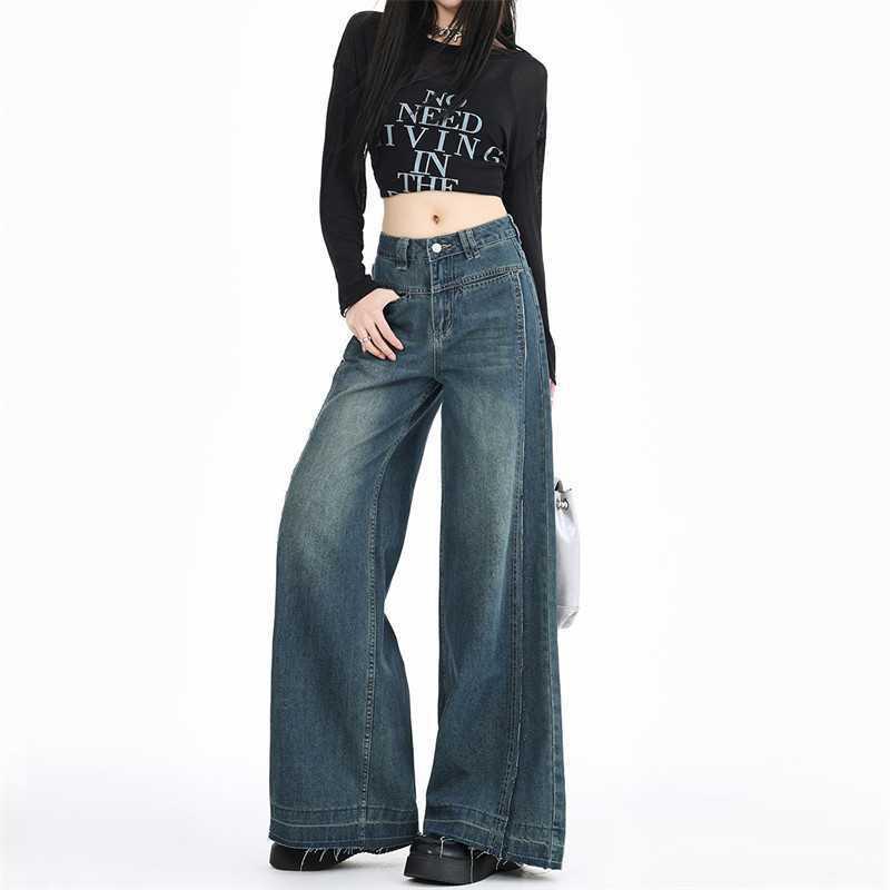 デニム レディース ワイドレッグ ジーンズ パンツ 春秋 高見え ハイウエスト ジーパン ボトムス ズボン 美脚 脚長 ゆったり 体型カバー ウォッシュ加工 フリンジ カジュアル きれいめ
