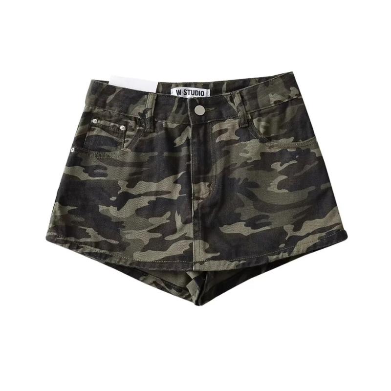 スカート レディース 高伸縮性 迷彩柄 Aライン ミニスカート デニムスカート風 切り替えデザイン ストリート カジュアル
