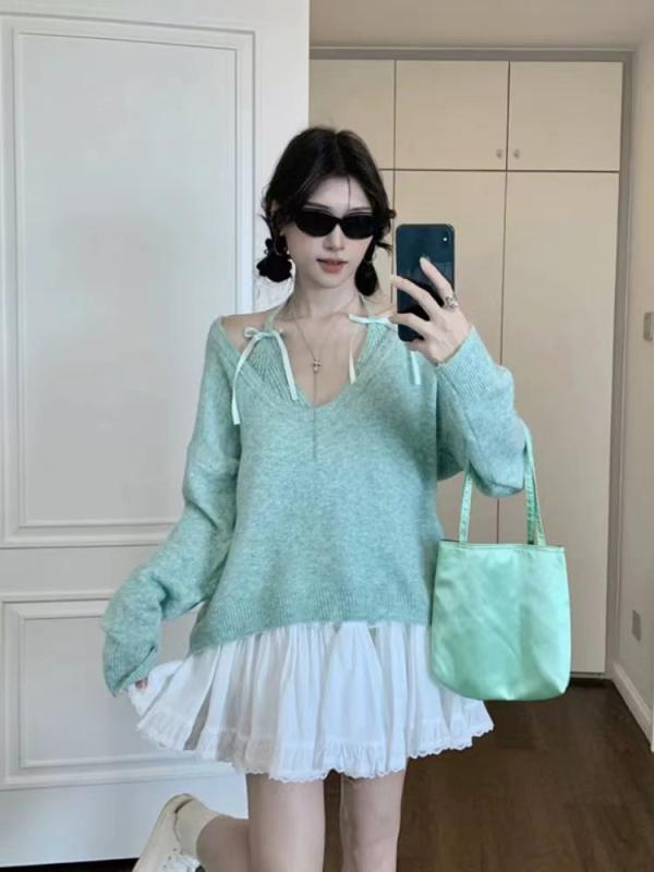 ニット レディース 秋冬 アンサンブル ゆったり 長袖 トップス ノースリーブ ポロネック プリンセススリーブ シャーリング 接触冷感 セクシー かわいい 私服 部屋着 大人 女性用 緑 グリーン系