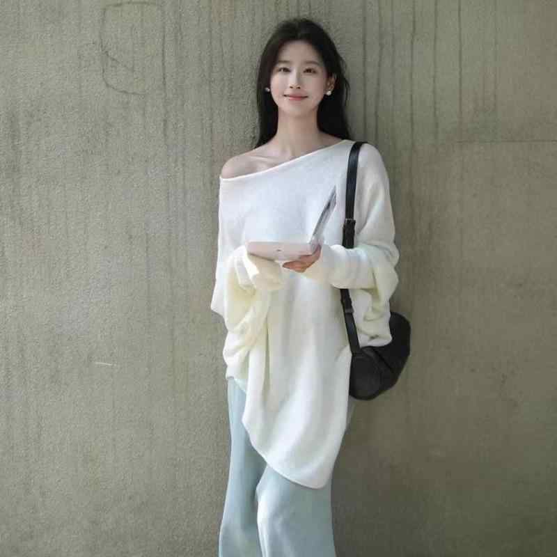 ニット レディース ゆったり オフショルダー トップス 秋冬 長袖 プルオーバー きれいめ かわいい シャギーニット 白