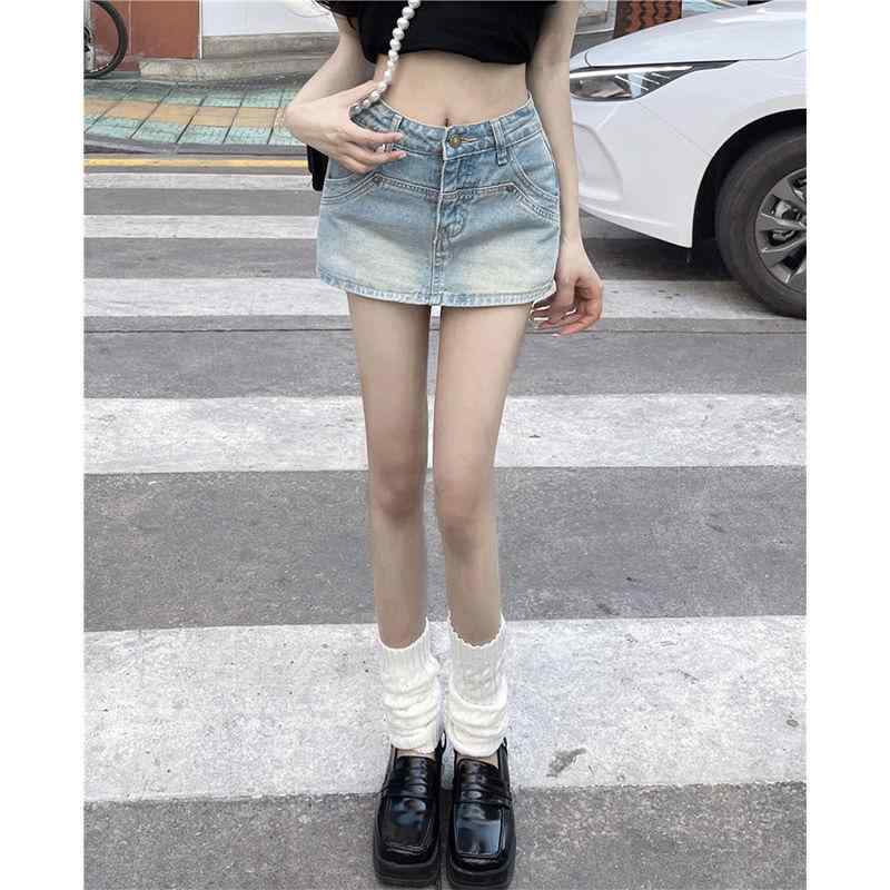 スカート レディース デニム Aライン ミニスカート ハイウエスト 伸縮性 ポケット付き 綿 浅ブルー 通..