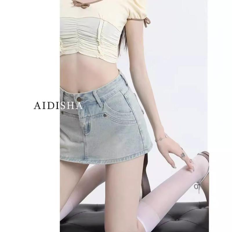 デニムスカート レディース Aラインスカート ミニスカート ショートパンツ付き ハイウエスト ジーンズ ジーパン 美脚 脚長 スタイルアップ カジュアル ストリート 普段使い デート 春秋冬 ライトブルー