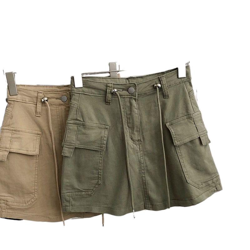 スカート レディース ミリタリー カーキ色 デニム Aライン ハイウエスト 短パン付き 美脚 着痩せ 70% 普段使い 通勤 韓国風