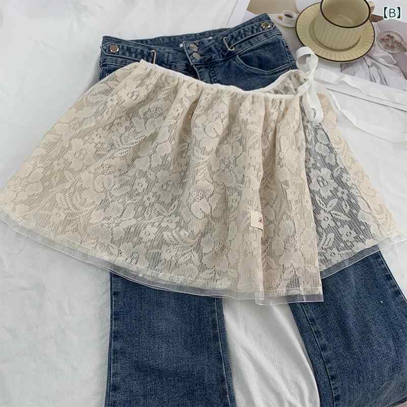 スカート レディース 春夏 レース 花柄 切り替え デザイン ミニスカート 膝丈 カジュアル かわいい 韓国風 おしゃれ ホワイト ベージュ ポリエステル
