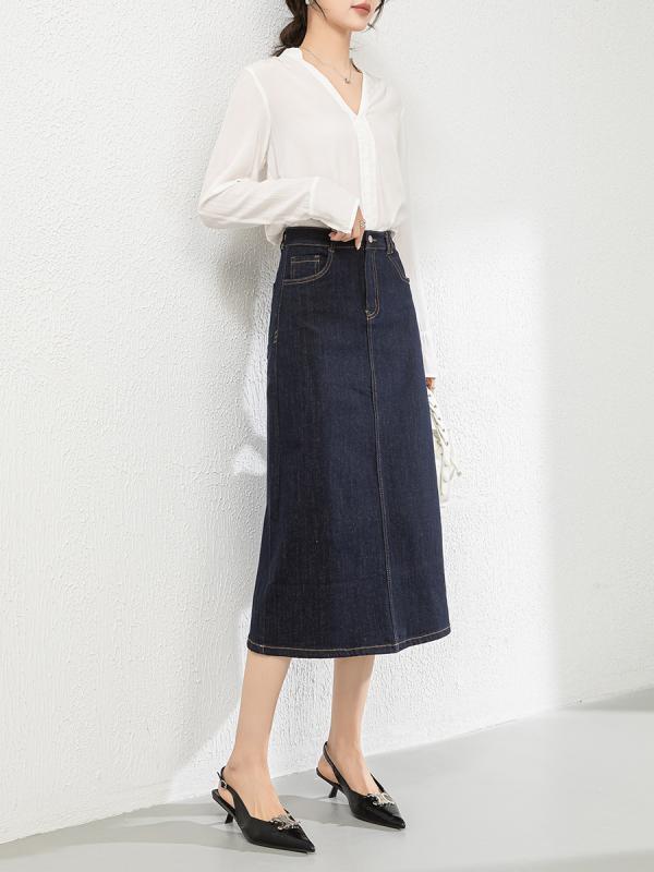 スカート レディース デニム Aライン ミモレ丈 ハイウエスト 着痩せ 濃紺 コットン カジュアル きれいめ