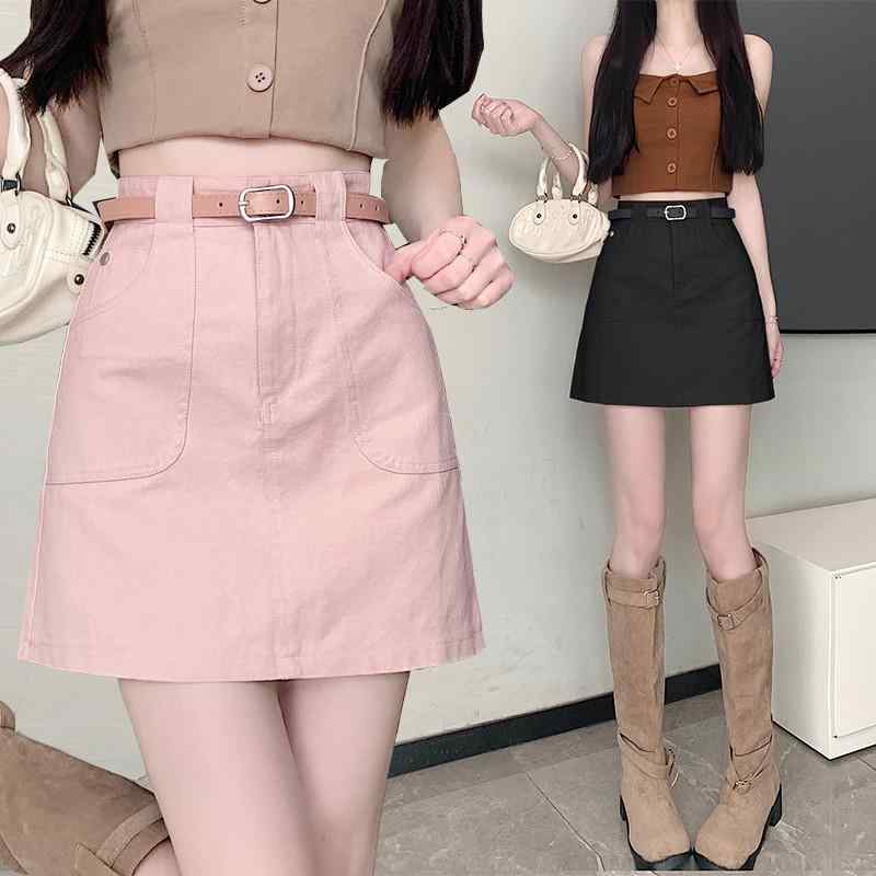 スカート レディース ピンク デニム Aライン ハイウエスト 美脚 短パン付き キュロット ズボン ショーパン